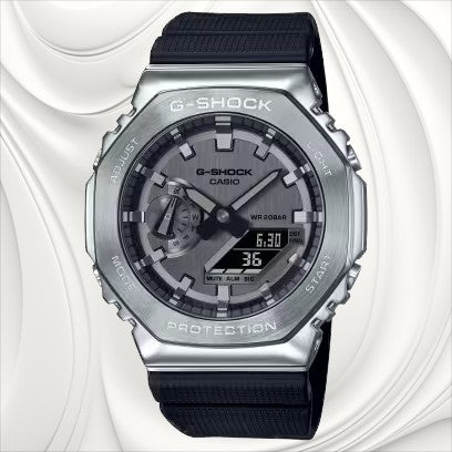 Hidden Closet silva G-Shock watch with a silver stainless steel octagonal bezel and black resin strap